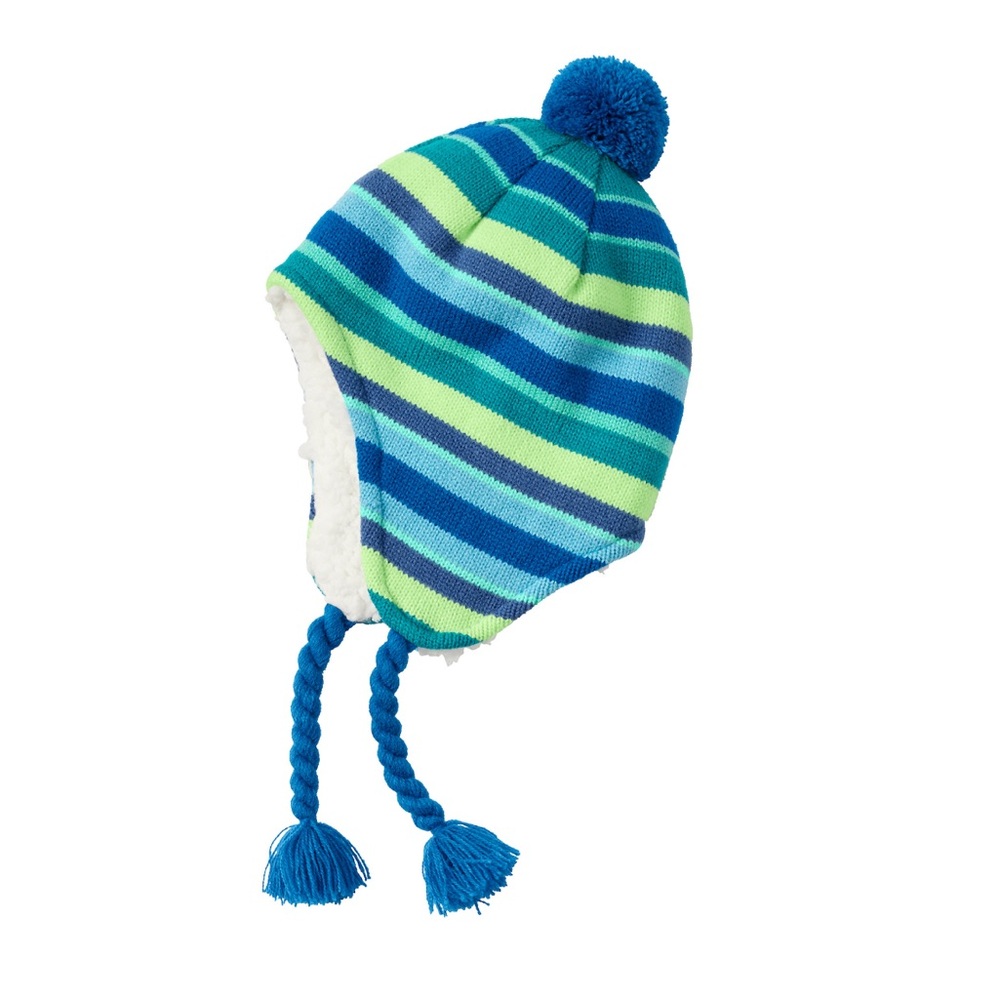 NWT Land’s End Peruvian Trapper Winter Hat Size XS/S Blue Green Stripes Fleece